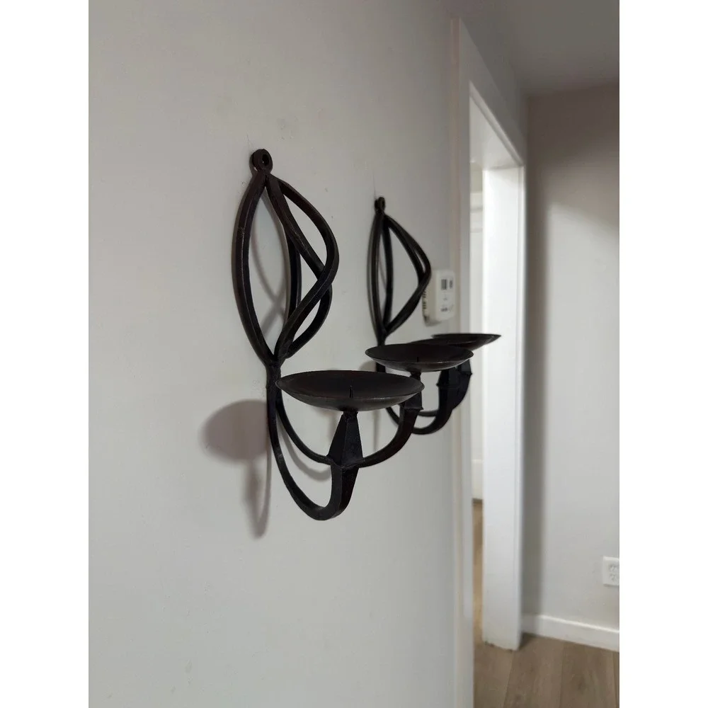 Vintage Pair Wrought Iron Double Arm Wall Sconces Candle Holders Gothic